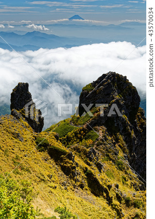 Ridge peak of Mt. Tengu, Small Tengu and Mt. Fuji seen from climbing Mount Akatake 43570034