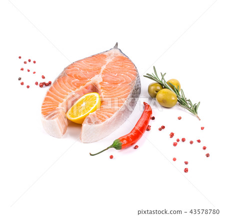 There is close-up of a fresh raw Salmon. 43578780