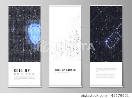 The vector layout of roll up banner stands, vertical flyers, flags design business templates. Binary 43579901