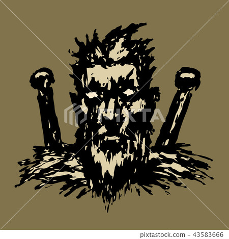 Serious warrior with two swords behind him. Vector 43583666