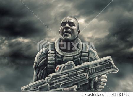 Heavy space trooper hides from enemy ship. 43583792