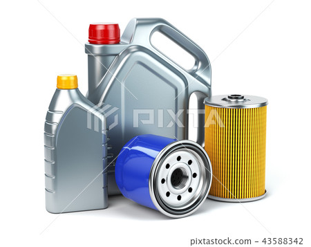Car oil filter and motor oil canisters isolated Car oil filter and motor oil canisters isolated 43588342