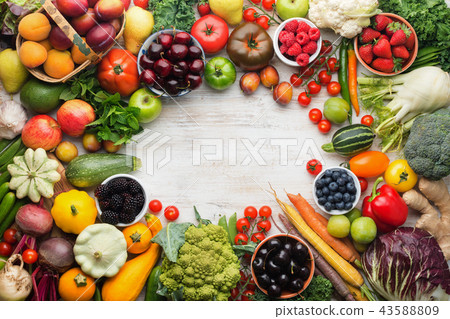 Summer fruits vegetables on table 43588809