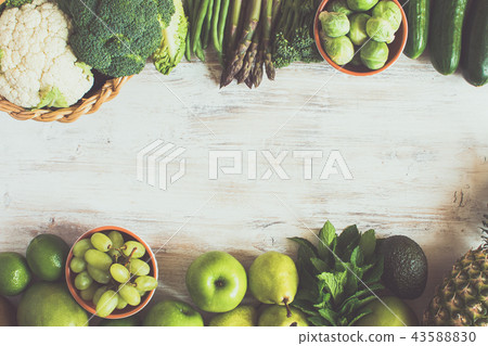 Top view of green fruits and vegetables Top view of green fruits and vegetables 43588830