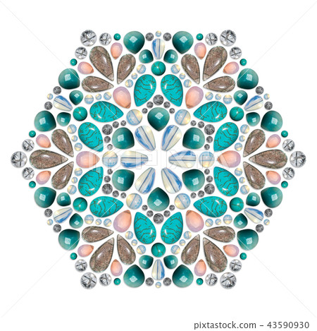 Creative layout of jewelry. The mandala is made of different gemstones on white Creative layout of jewelry. The mandala is made of different gemstones on white 43590930