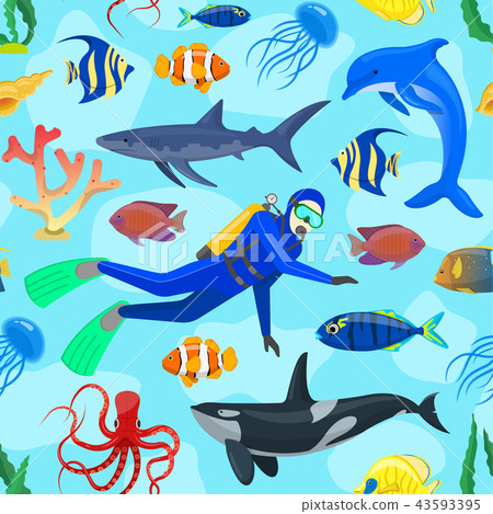 pattern with ocean animals and diver 43593395