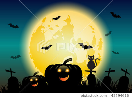 Halloween background with pumpkins and black cat - Stock Illustration ...