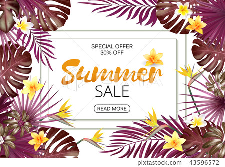 Summer sale background with exotic leaves and flowers. Vector background for banner, poster, flyer Summer sale background with exotic leaves and flowers. Vector background for banner, poster, flyer 43596572