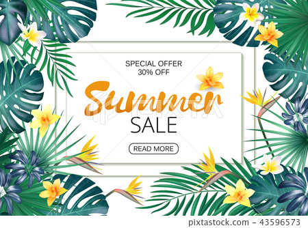Summer sale Concept. Summer background with tropical flowers and leaf. Template Vector. Summer sale Concept. Summer background with tropical flowers and leaf. Template Vector. 43596573