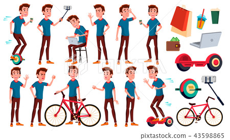 Teen Boy Poses Set Vector. Emotional, Pose. For Advertising, Placard, Print Design. Isolated Cartoon 43598865