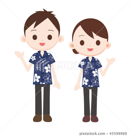 男士和女士穿著朱紅色的阿羅哈襯衫 43599989