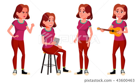 Teen Girl Poses Set Vector. Positive Person. For Postcard, Cover, Placard Design. Isolated Cartoon 43600463