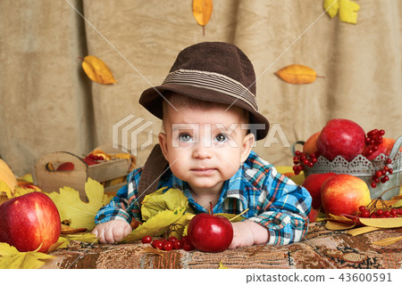 autumn concept - child boy lie on yellow leaves autumn concept - child boy lie on yellow leaves 43600591