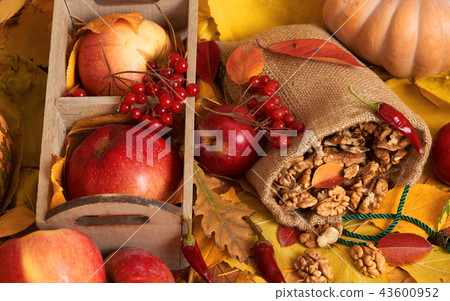 autumn harvest - fruits on fallen yellow leaves 43600952