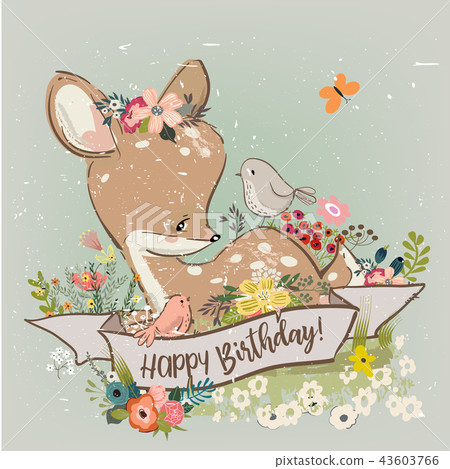 birthday little deer with flowers and birds birthday little deer with flowers and birds 43603766