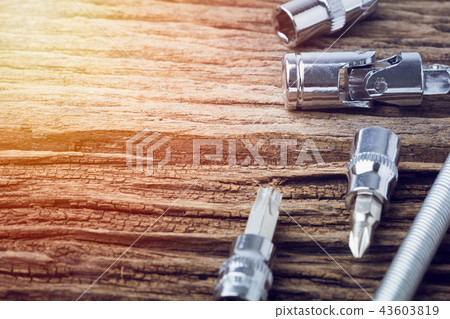 Working tools on wooden table background close up. Working tools on wooden table background close up. 43603819
