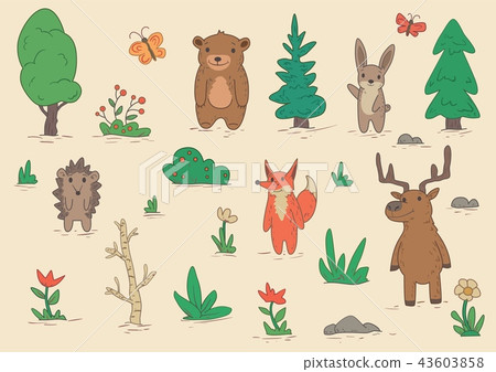 Set of funny animal characters standing among trees and bushes. Flat vector illustration. Isolated 43603858