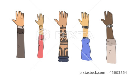 Set of hands of different ethnicities and lifestyles. Flat vector illustration. Isolated on white Set of hands of different ethnicities and lifestyles. Flat vector illustration. Isolated on white 43603864