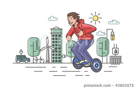 Young guy in red hoody riding hoverboard on eco-city background. Flat line vector illustration 43603878
