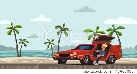 Young smiling guy sitting in red race car on tropical beach background. Traveler in the natural 43603893