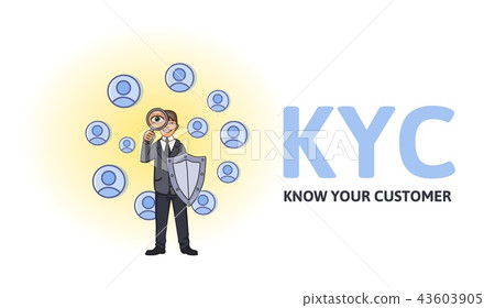 KYC, Know Your Customer. Businessman with a shield looking at the partners-to-be through a 43603905