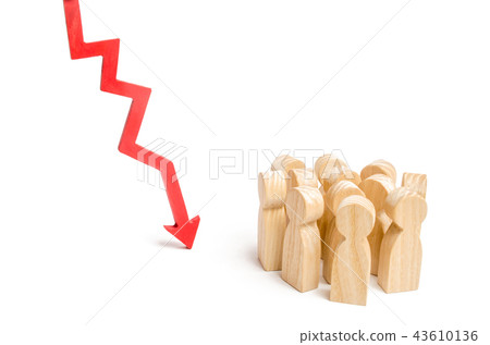 A group of people and a red arrow down. A group of people and a red arrow down. 43610136