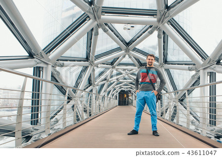 a man stands on a bridge inside a glass tunnel 43611047
