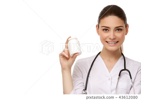 woman doctor with pills isolated on white woman doctor with pills isolated on white 43612080