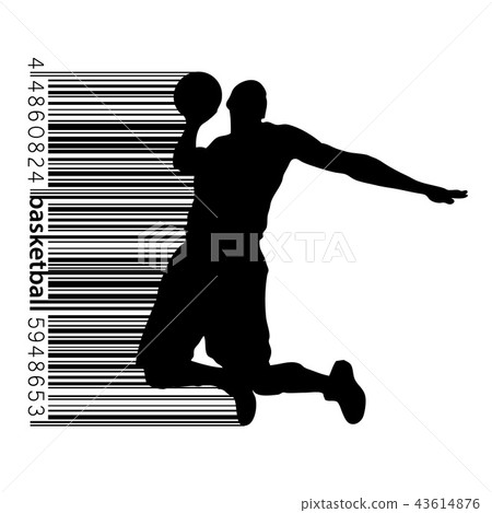 Silhouette of a basketball player and barcode. 43614876
