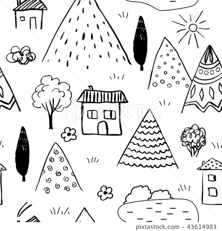 Country landscape seamless pattern. Caucasus vector landscape 43614983