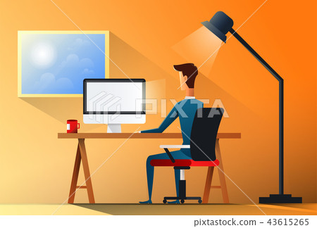 Business Man Sitting Desk Office Working Place Laptop Back Rear View Vector Illustration Business Man Sitting Desk Office Working Place Laptop Back Rear View Vector Illustration 43615265