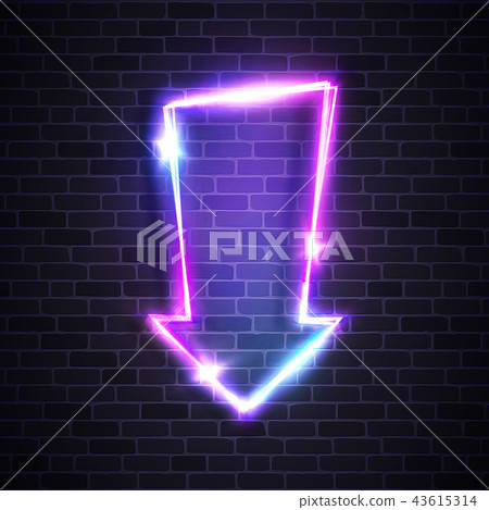 Neon glowing arrow pointer on dark brick wall background. Colorful shining retro light sign. Vintage 43615314
