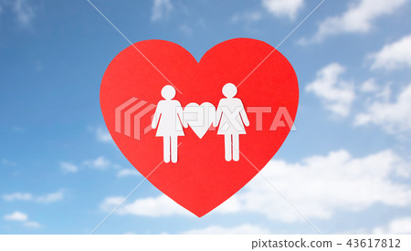 female couple white paper pictogram on red heart female couple white paper pictogram on red heart 43617812