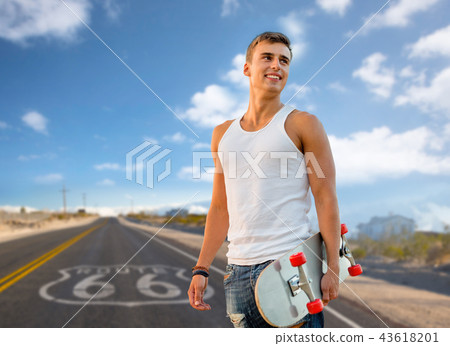man with skateboard over us route 66 background man with skateboard over us route 66 background 43618201