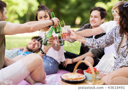 friends clinking drinks at picnic in summer park friends clinking drinks at picnic in summer park 43618491