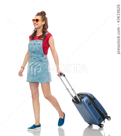 happy teenage girl in sunglasses with travel bag happy teenage girl in sunglasses with travel bag 43619826