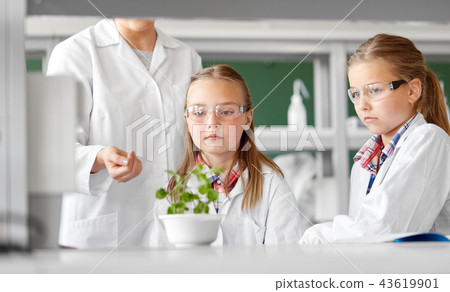 students and teacher with plant at biology class students and teacher with plant at biology class 43619901