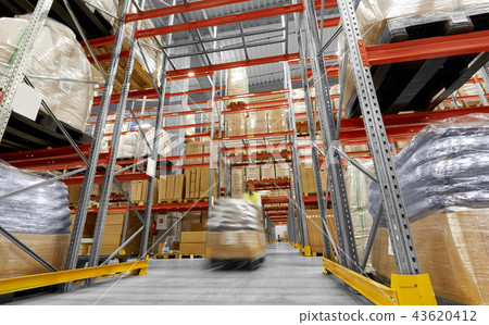 worker carrying loader with goods at warehouse 43620412