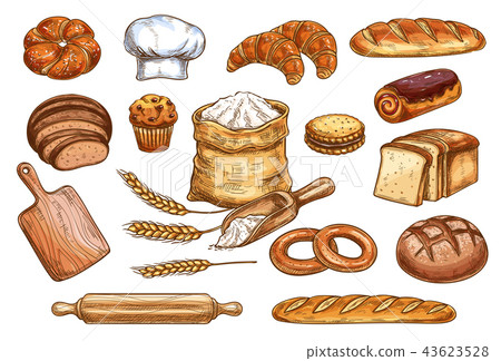 Bakery bread and pastry cakes vector sketch 43623528
