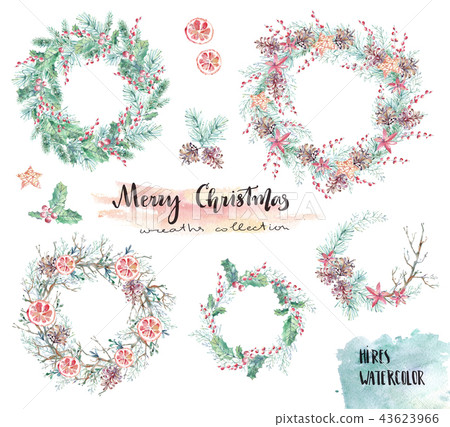 Christmas watercolor illustration. Holiday wreaths with mistleto Christmas watercolor illustration. Holiday wreaths with mistleto 43623966