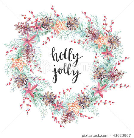 Christmas watercolor illustration. Holiday wreath with cones, st Christmas watercolor illustration. Holiday wreath with cones, st 43623967