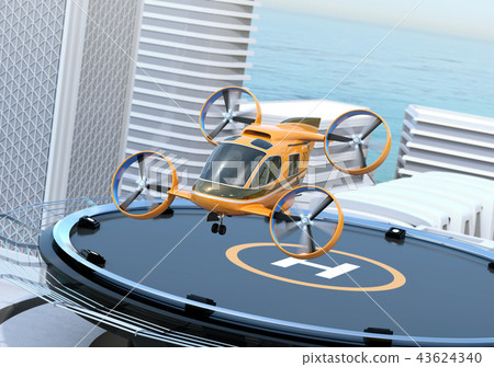 Concept image of a flying taxi taking off from the heliport Concept image of a flying taxi taking off from the heliport 43624340