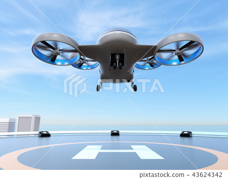 Front image of a flying taxi taking off and landing from the heliport 43624342