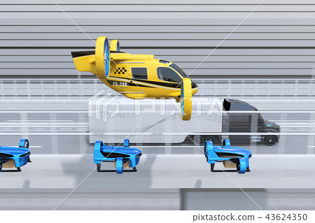 Image of drone taxi and delivery drone flying over highway. Image of drone taxi and delivery drone flying over highway. 43624350