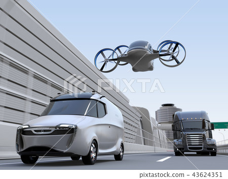 Image of a delivery van traveling on a freeway, a truck and a drone taxi flying above. Image of a delivery van traveling on a freeway, a truck and a drone taxi flying above. 43624351