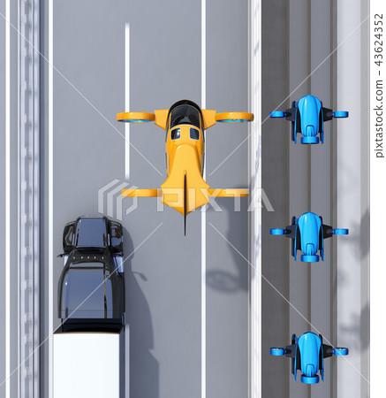 在高速公路上連續行駛的大型卡車，交付無人機和無人機出租車的鳥籠圖像。 43624352
