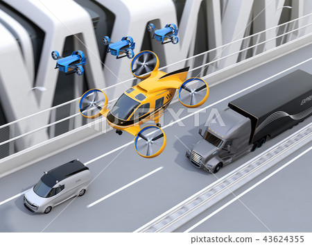 An image of a drone taxi and delivery drone flying in the sky, a truck traveling on a freeway and a delivery car. An image of a drone taxi and delivery drone flying in the sky, a truck traveling on a freeway and a delivery car. 43624355