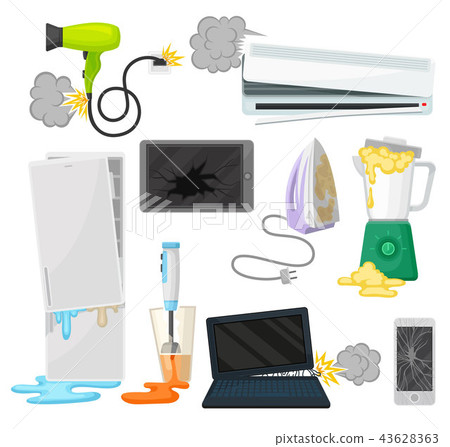 Broken appliances set, damaged electrical household equipment vector Illustrations on a white 43628363