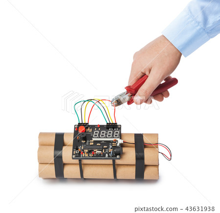Hand with pliers and dynamite bomb Hand with pliers and dynamite bomb 43631938
