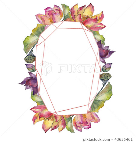 Watercolor colorful lotus flower. Floral botanical flower. Frame border ornament square. Watercolor colorful lotus flower. Floral botanical flower. Frame border ornament square. 43635461